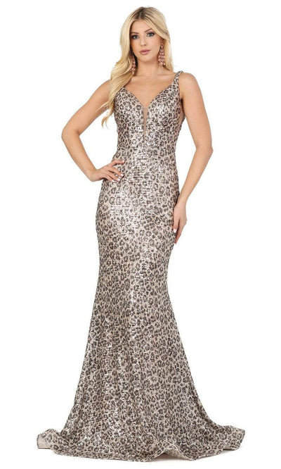 Dancing Queen - Plunging V-Neck Leopard Print Trumpet Dress 2921SC In Print