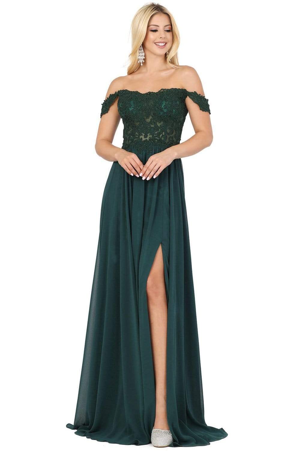 Dancing Queen Danq_2933 - Long A-Line Dress - Off Shoulder Sleeve, Beaded, Lace, Semi-Sheer Bodice, High Leg Slit, Back Zipper Closure S / Hunter Dancing Queen Danq_2933 - Long A-Line Dress - Off Shoulder Sleeve, Beaded, Lace, Semi-Sheer Bodice, High Leg Slit, Back Zipper Closure S / Hunter