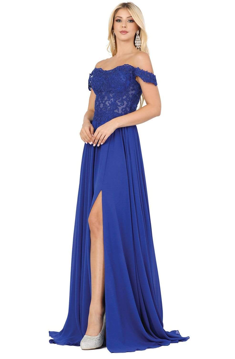 Dancing Queen - 2933 Beaded Lace Applique Bodice High Slit Prom Dress Evening Dresses XS / Royal Blue