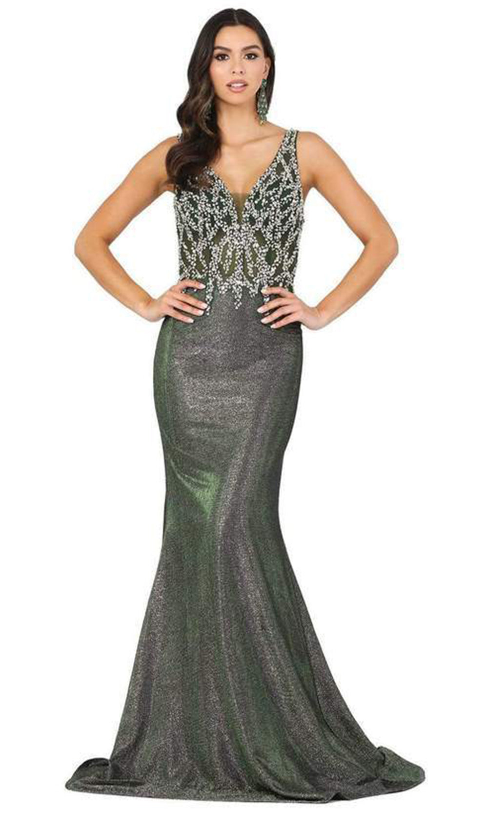 Dancing Queen - Beaded V-Neck Mermaid Dress 2941SC In Green