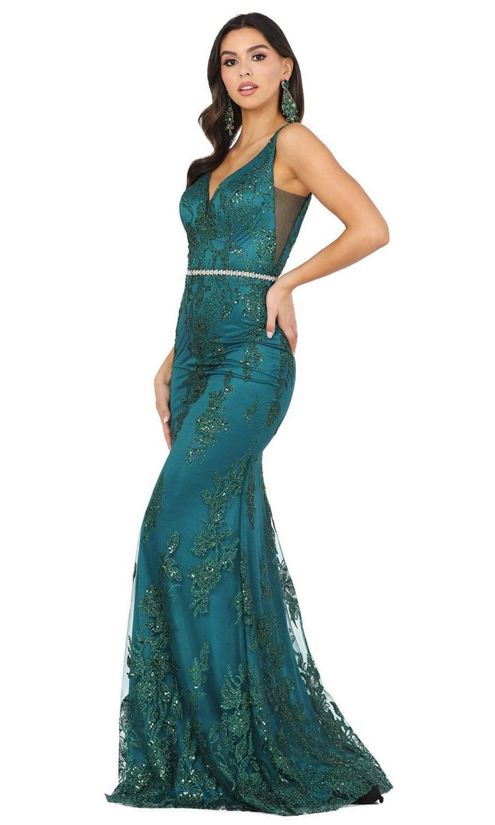 Dancing Queen - 2946 Sleeveless V Neck Embellished Mermaid Prom Dress Evening Dresses XS / Hunter Green