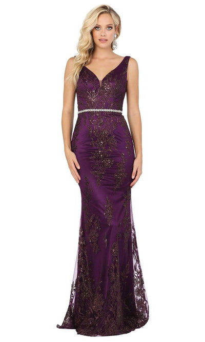 Dancing Queen - 2946 Sleeveless V Neck Embellished Mermaid Prom Dress Evening Dresses XS / Plum