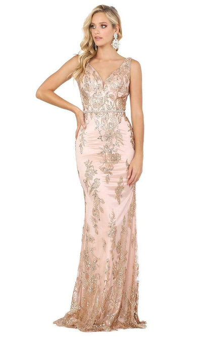 Dancing Queen - 2946 Sleeveless V Neck Embellished Mermaid Prom Dress Evening Dresses XS / Rose Gold
