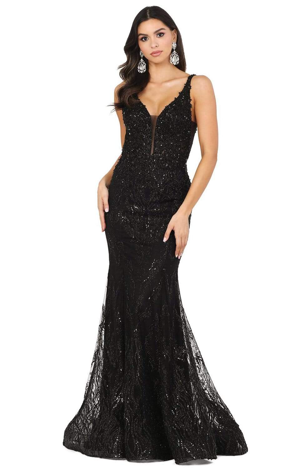 Dancing Queen - 2963 Low Scoop Back V-Neck Embellished Trumpet Dress - 1 pc Black In Size XS Available CCSALE XS / Black