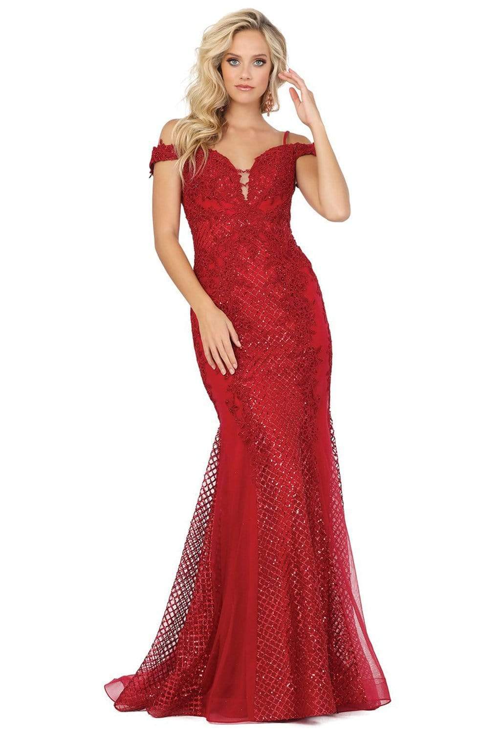 Dancing Queen - 2995 Off Shoulder Deep V-Neck Lace Sequins Prom Gown Evening Dresses XS / Burgundy