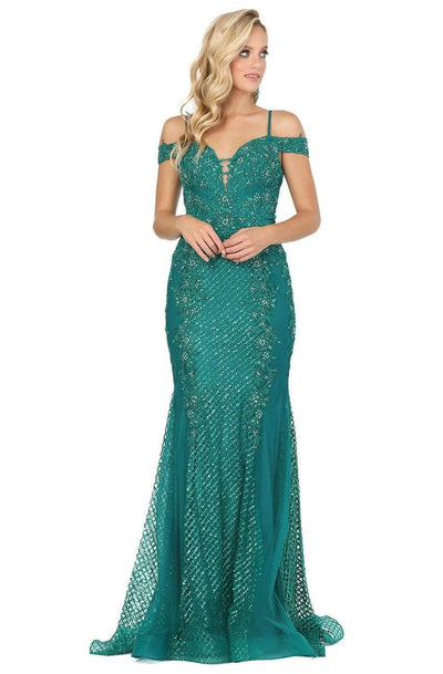 Dancing Queen - 2995 Off Shoulder Deep V-Neck Lace Sequins Prom Gown Evening Dresses XS / Hunter Green