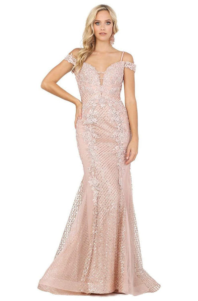 Dancing Queen - 2995 Off Shoulder Deep V-Neck Lace Sequins Prom Gown Evening Dresses XS / Rose Gold