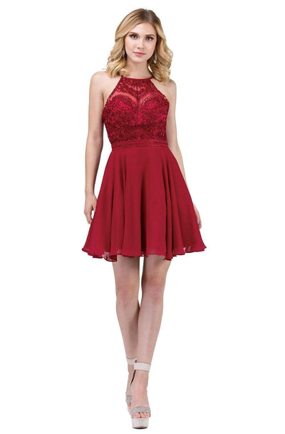Dancing Queen - 3008 High Halter Embroidered Lace Homecoming Dress Homecoming Dresses XS / Burgundy