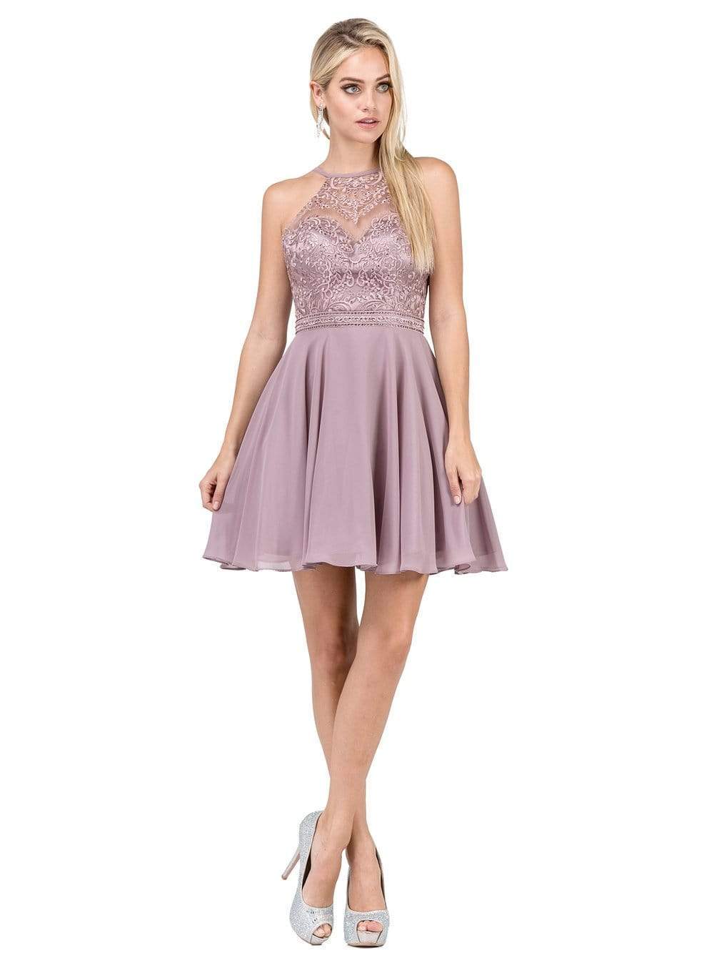 Dancing Queen - 3008 High Halter Embroidered Lace Homecoming Dress Homecoming Dresses XS / Mocha