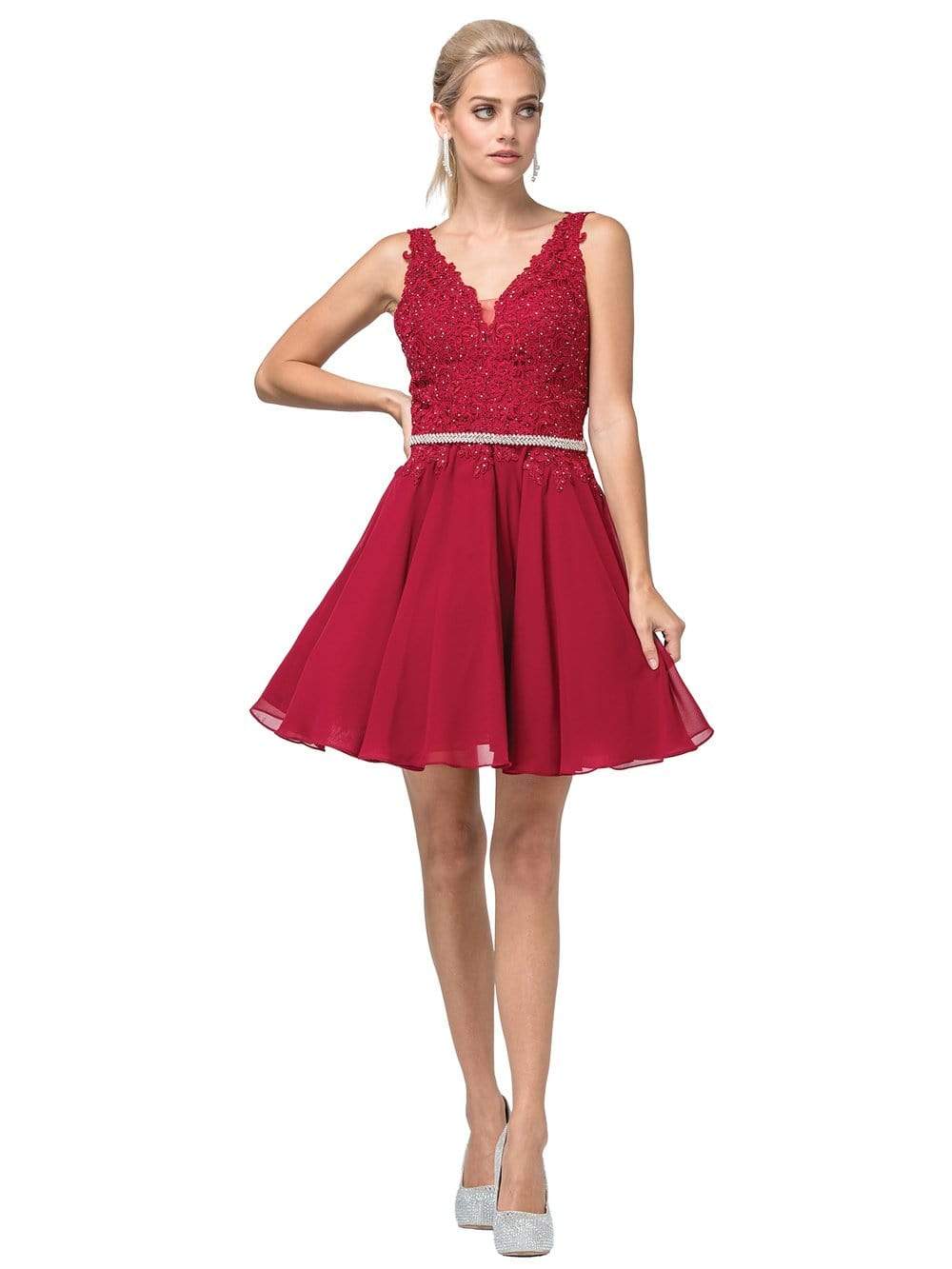 Dancing Queen - 3011 Plunging V-Neck Lace Bodice Homecoming Dress Homecoming Dresses XS / Burgundy