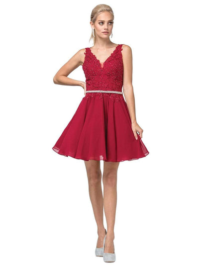 Dancing Queen - 3011 Plunging V-Neck Lace Bodice Homecoming Dress Homecoming Dresses XS / Burgundy