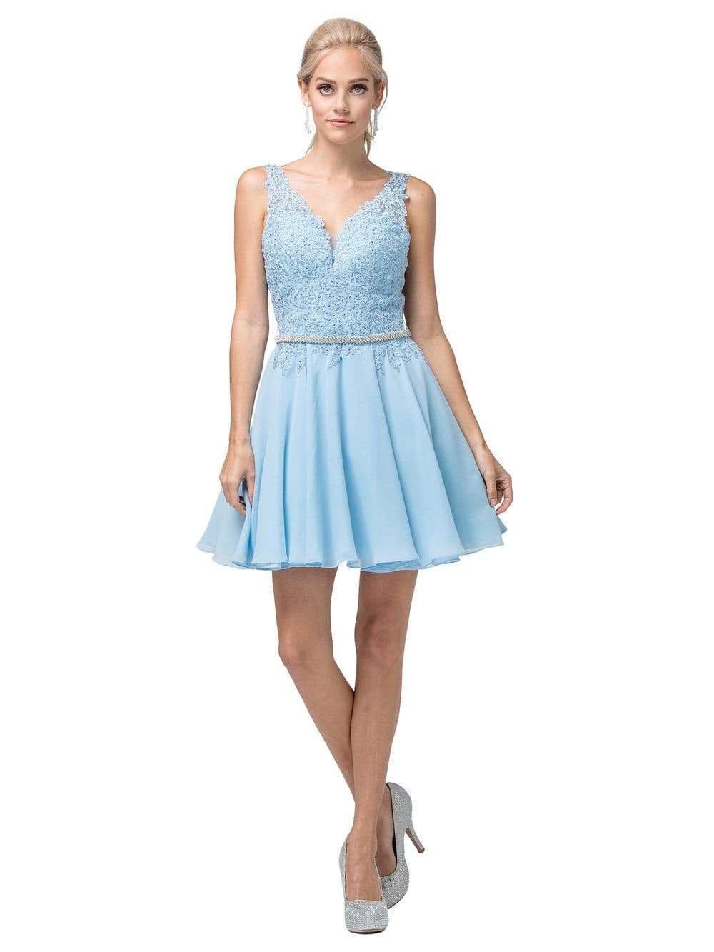 Dancing Queen - 3011 Plunging V-Neck Lace Bodice Homecoming Dress Homecoming Dresses XS / Skyblue