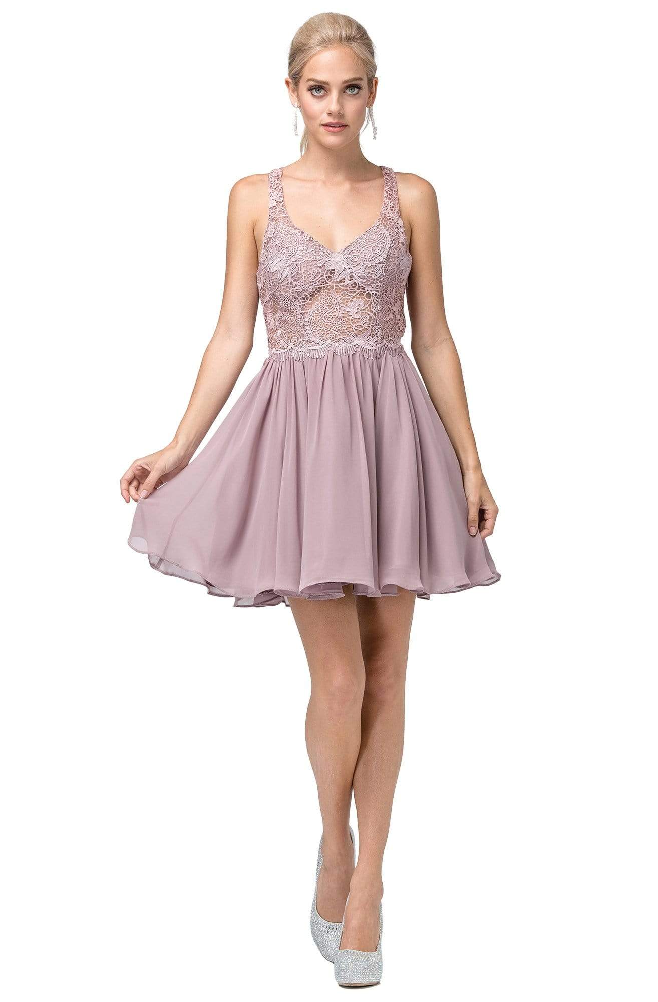 Dancing Queen - 3044 Lace Embroidered V-neck A-line Dress Homecoming Dresses XS / Mocha
