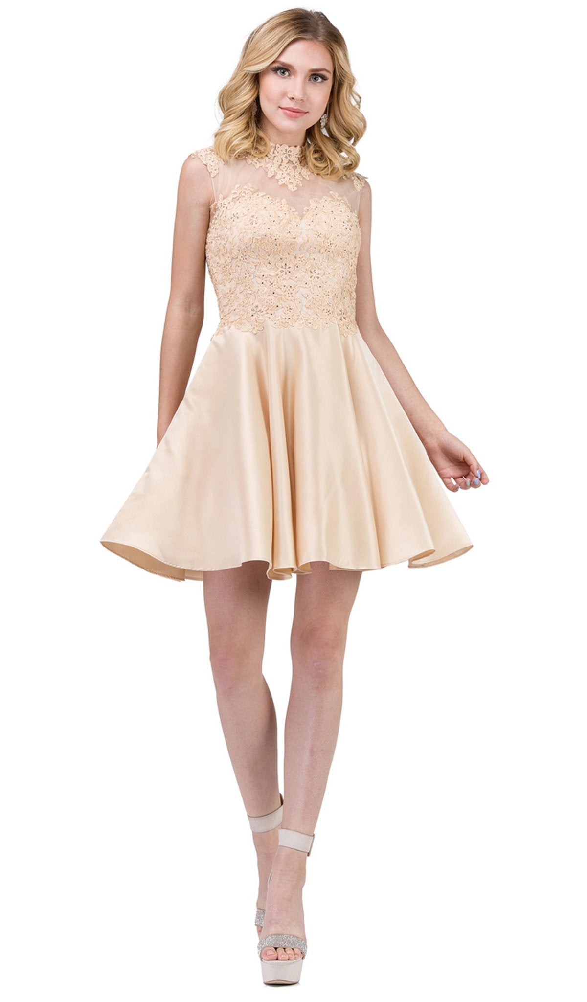 Dancing Queen - 3069 Appliqued Illusion High Neck Homecoming Dress Homecoming Dresses XS / Champagne