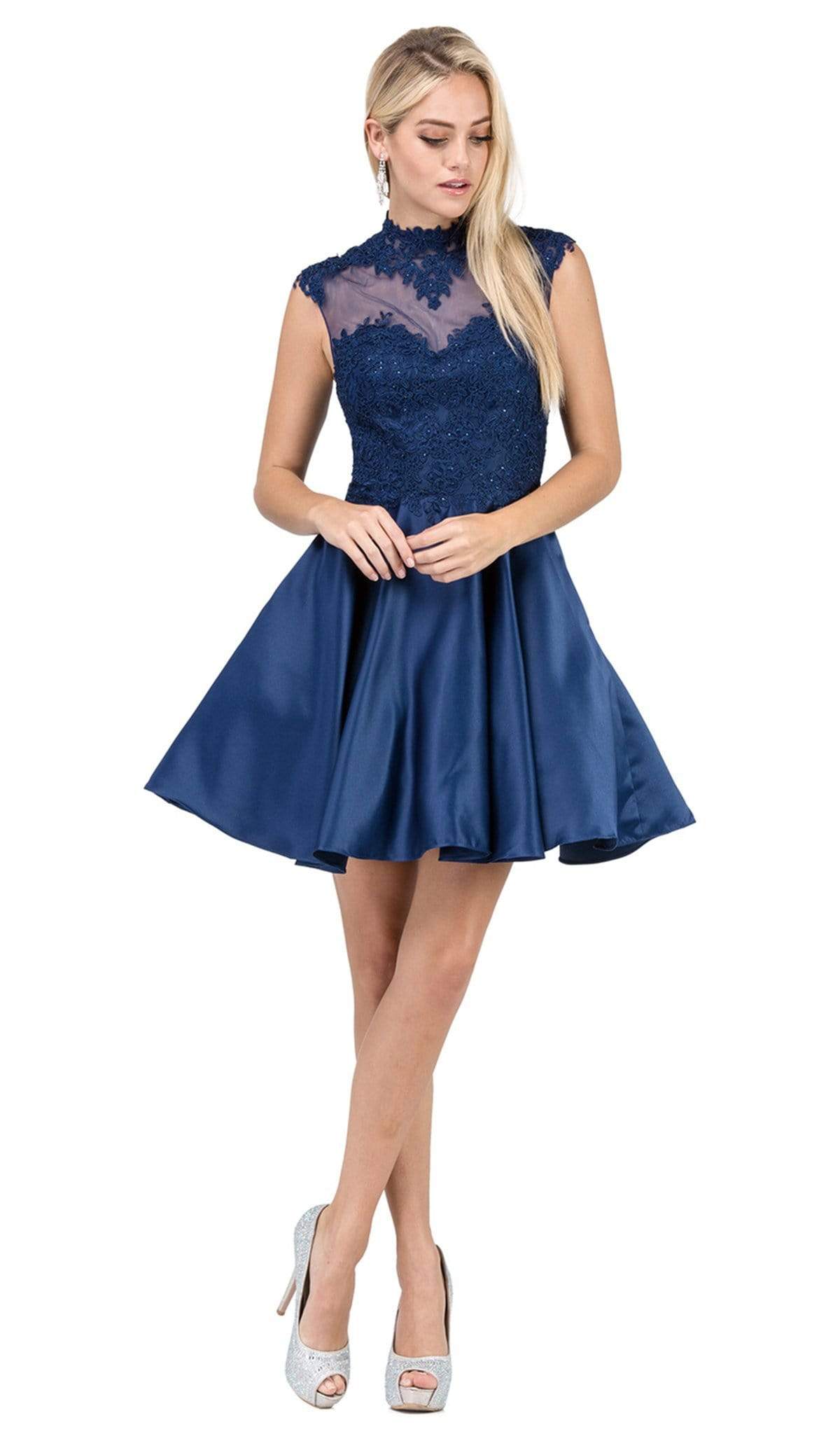 Dancing Queen - 3069 Appliqued Illusion High Neck Homecoming Dress Homecoming Dresses XS / Navy