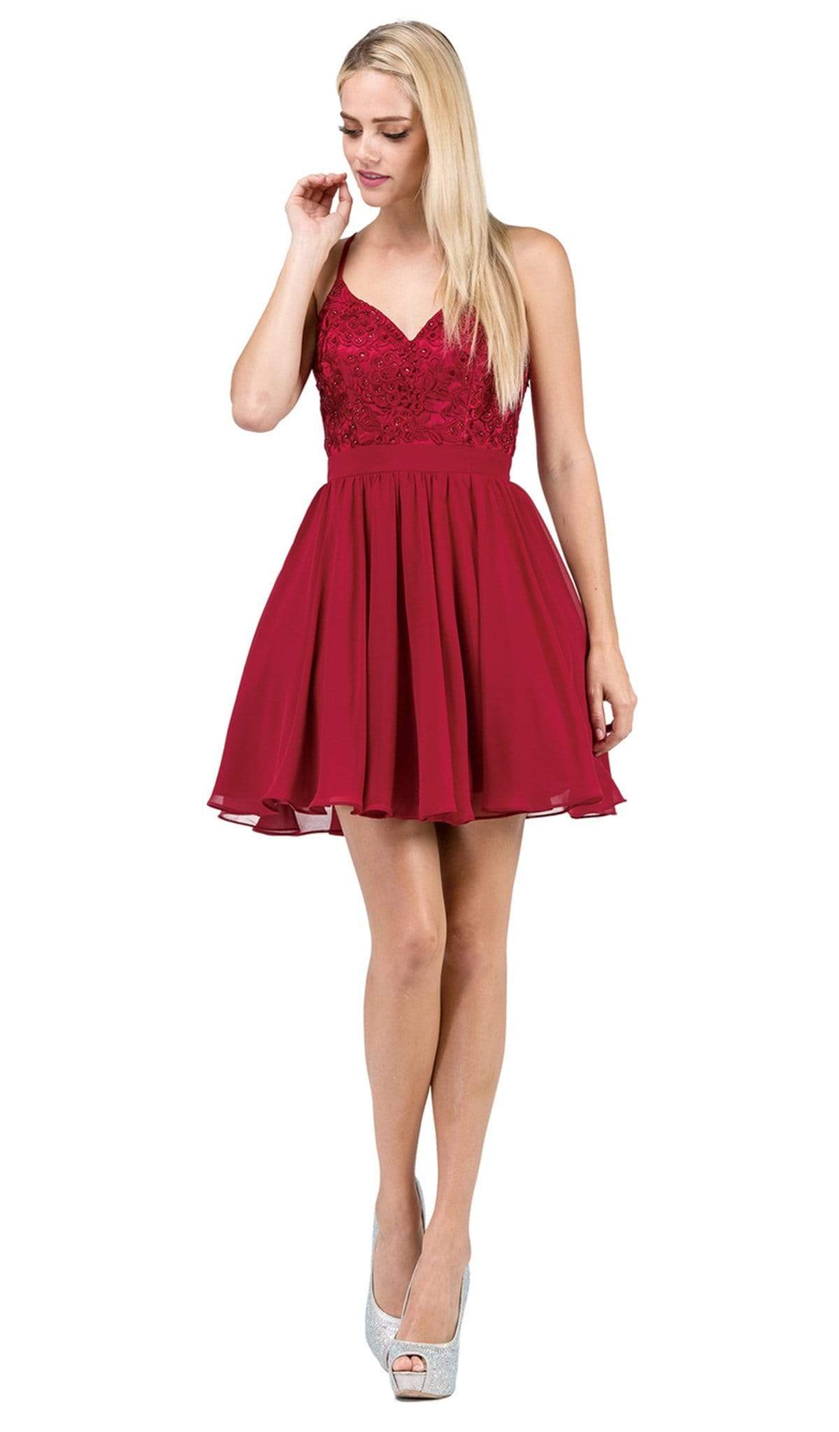 Dancing Queen - 3088 Lace Embroidered Beaded Applique Cocktail Dress Homecoming Dresses XS / Burgundy