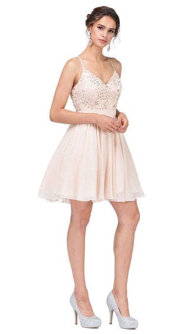 Dancing Queen - 3088 Lace Embroidered Beaded Applique Cocktail Dress Homecoming Dresses XS / Champagne