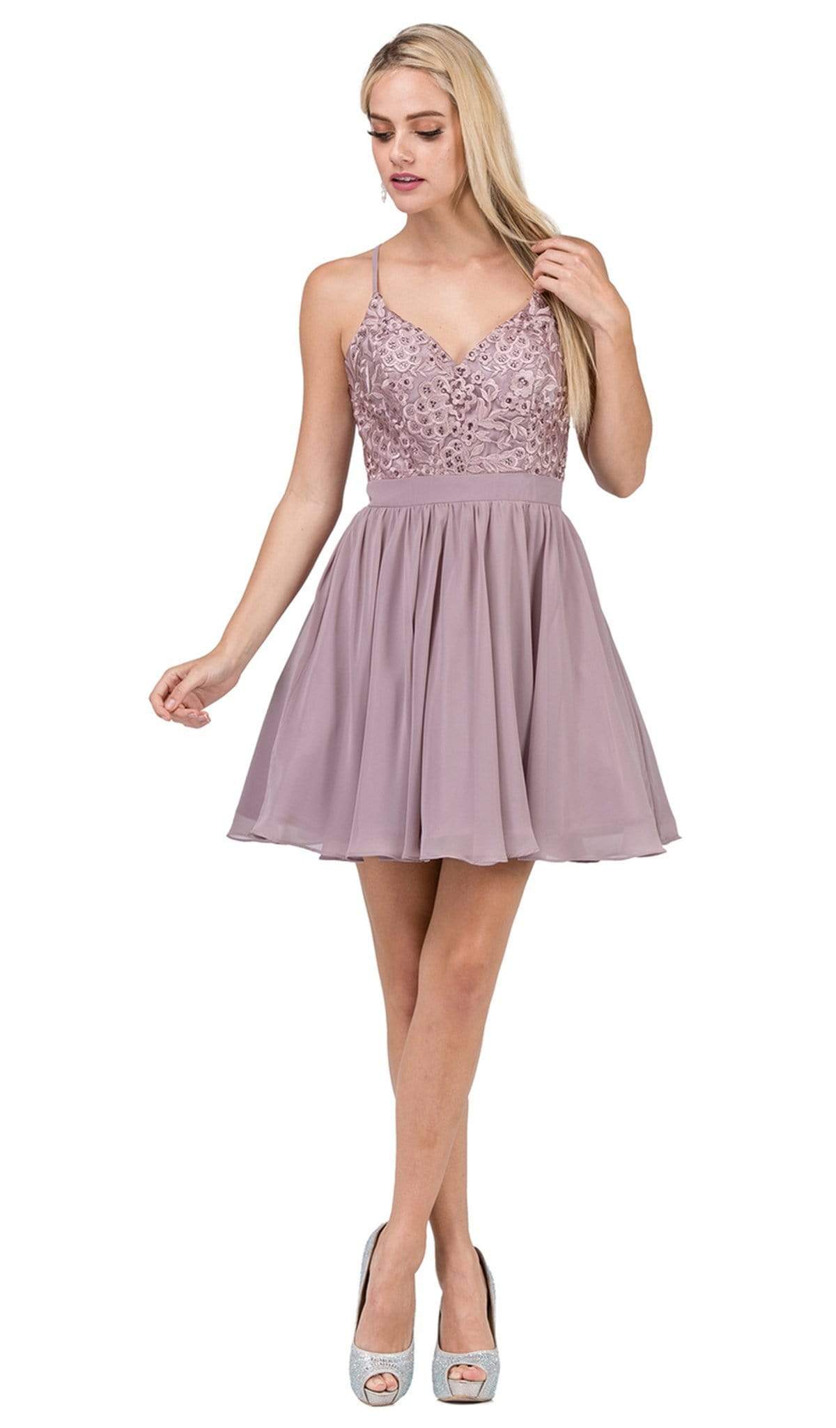 Dancing Queen - 3088 Lace Embroidered Beaded Applique Cocktail Dress Homecoming Dresses XS / Mocha