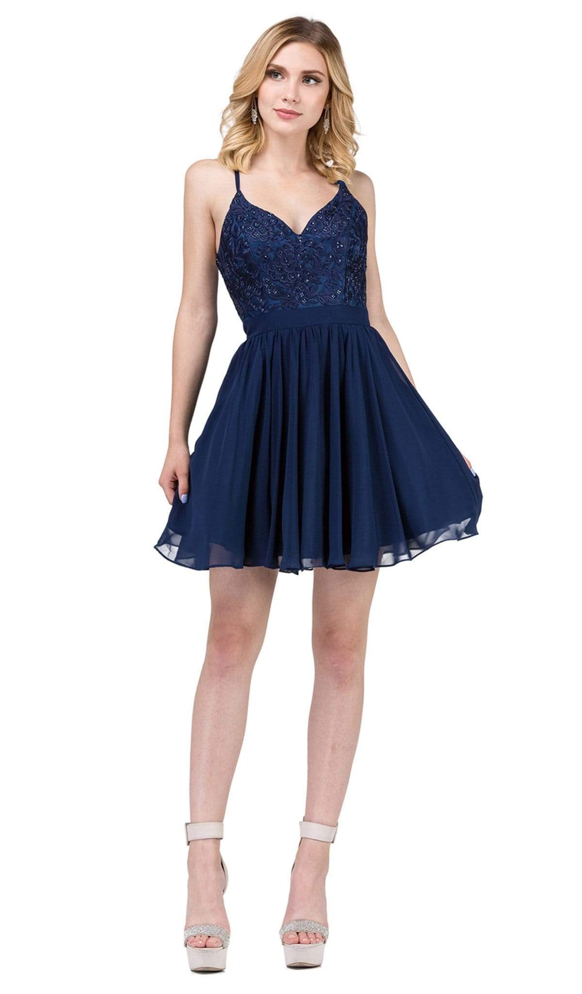 Dancing Queen - 3088 Lace Embroidered Beaded Applique Cocktail Dress Homecoming Dresses XS / Navy