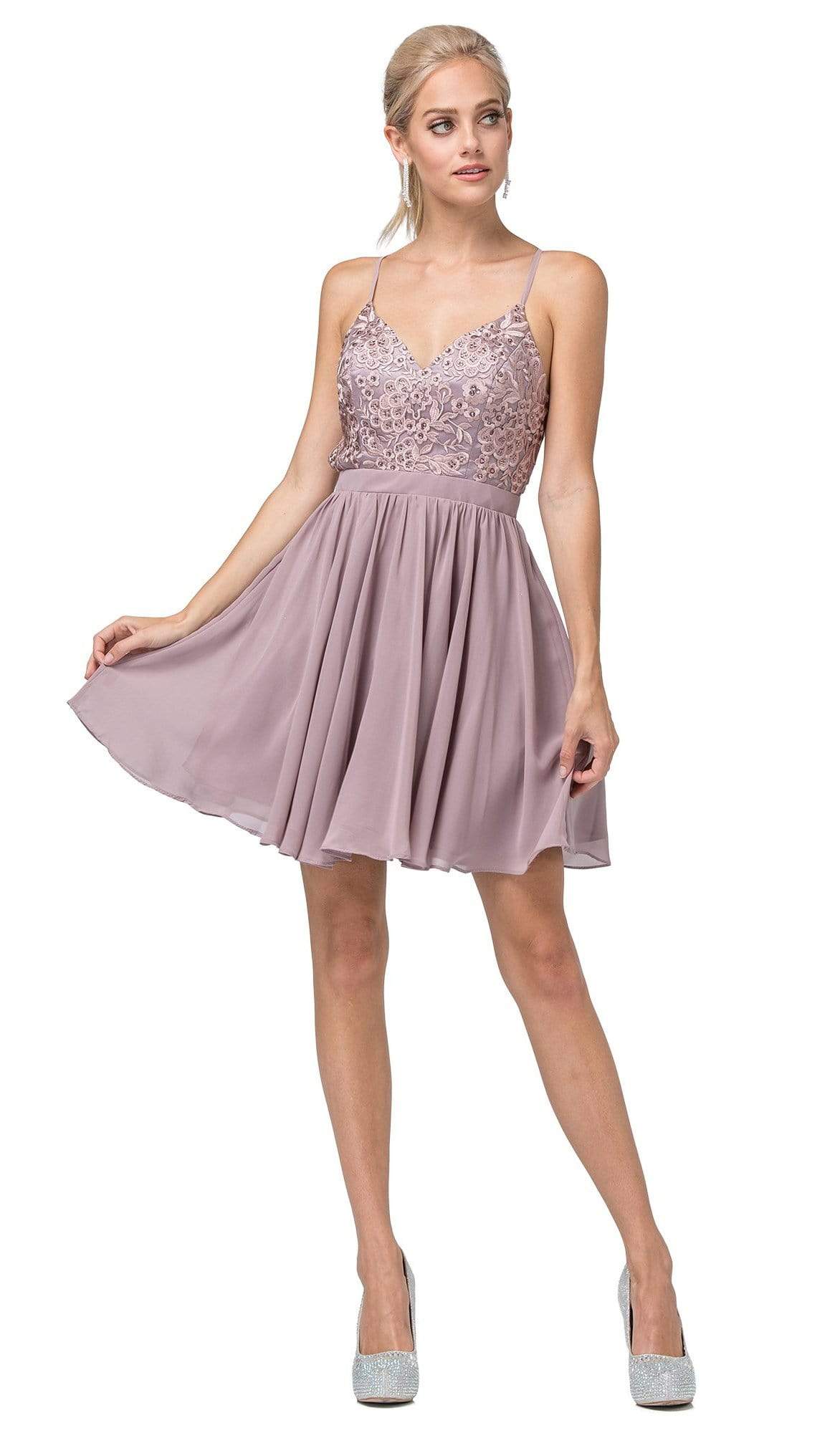 Dancing Queen - 3089 Embroidered V-neck A-line Cocktail Dress Homecoming Dresses XS / Mocha