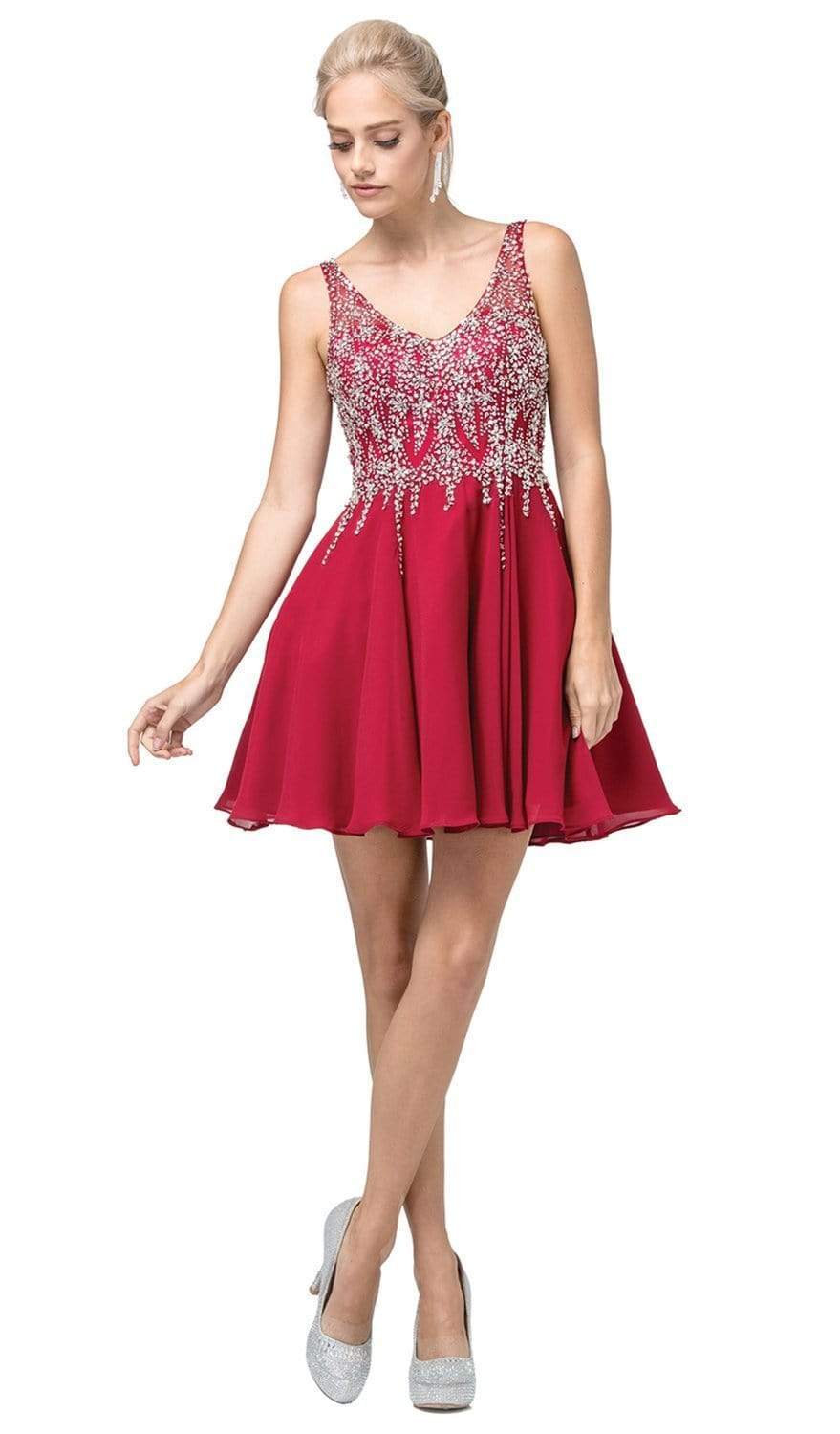 Dancing Queen - 3129 Embellished V-Neck A-Line Cocktail Dress Homecoming Dresses XS / Burgundy