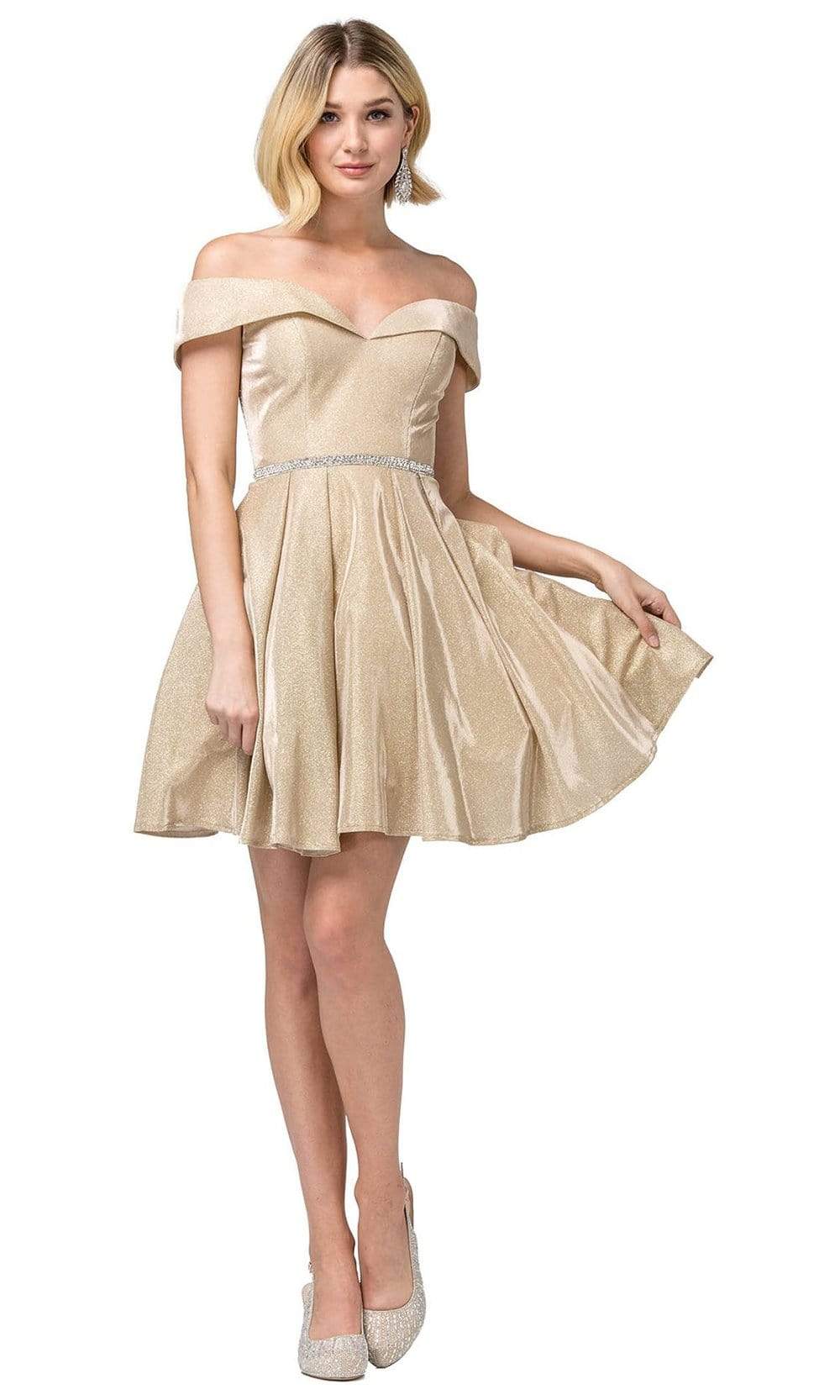 Dancing Queen - 3147 Off-Shoulder Embellished A-line Dress Homecoming Dresses XS / Gold