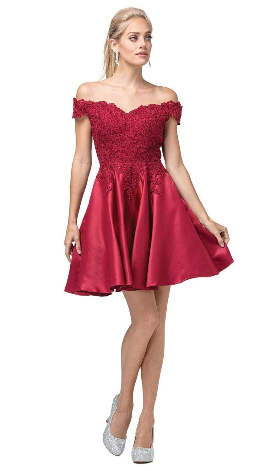 Dancing Queen - 3213 Off Shoulder Lace and Satin Cocktail Dress Homecoming Dresses XS / Burgundy