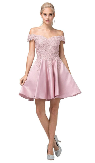 Dancing Queen - 3213 Off Shoulder Lace and Satin Cocktail Dress Homecoming Dresses XS / Dusty Pink