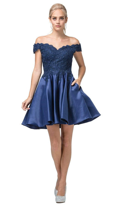 Dancing Queen - 3213 Off Shoulder Lace and Satin Cocktail Dress Homecoming Dresses XS / Navy