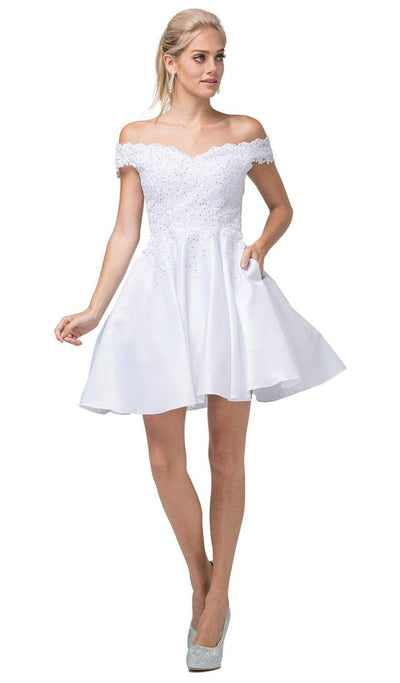 Dancing Queen - 3213 Off Shoulder Lace and Satin Cocktail Dress Homecoming Dresses XS / Off White