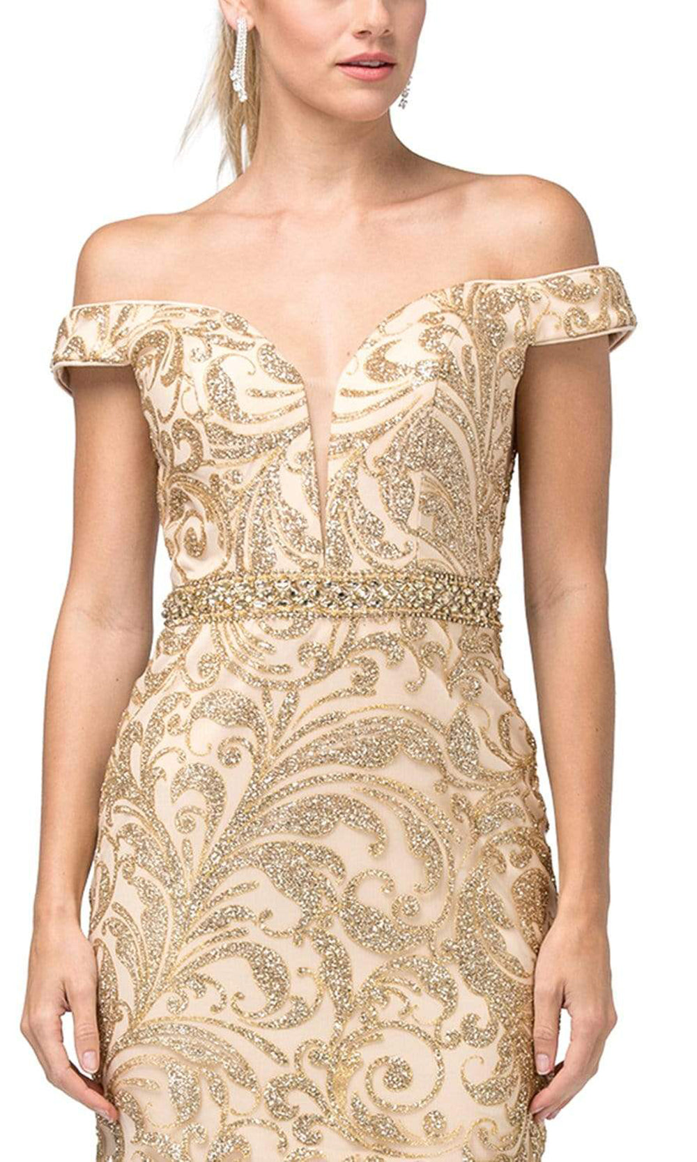 Dancing Queen - 3218SC Off Shoulder Glittered Short Dress In Gold