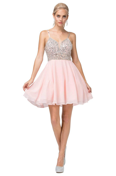 Dancing Queen - 3226 Embellished Plunging V-Neck A-Line Dress Homecoming Dresses XS / Blush