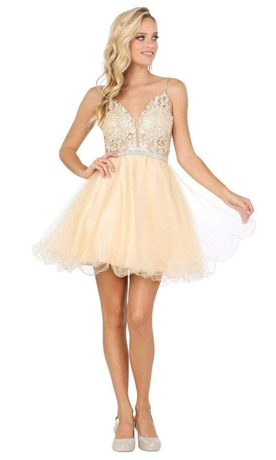 Dancing Queen - Spaghetti Strap Appliqued Tulle Dress 3228SC In Neutral