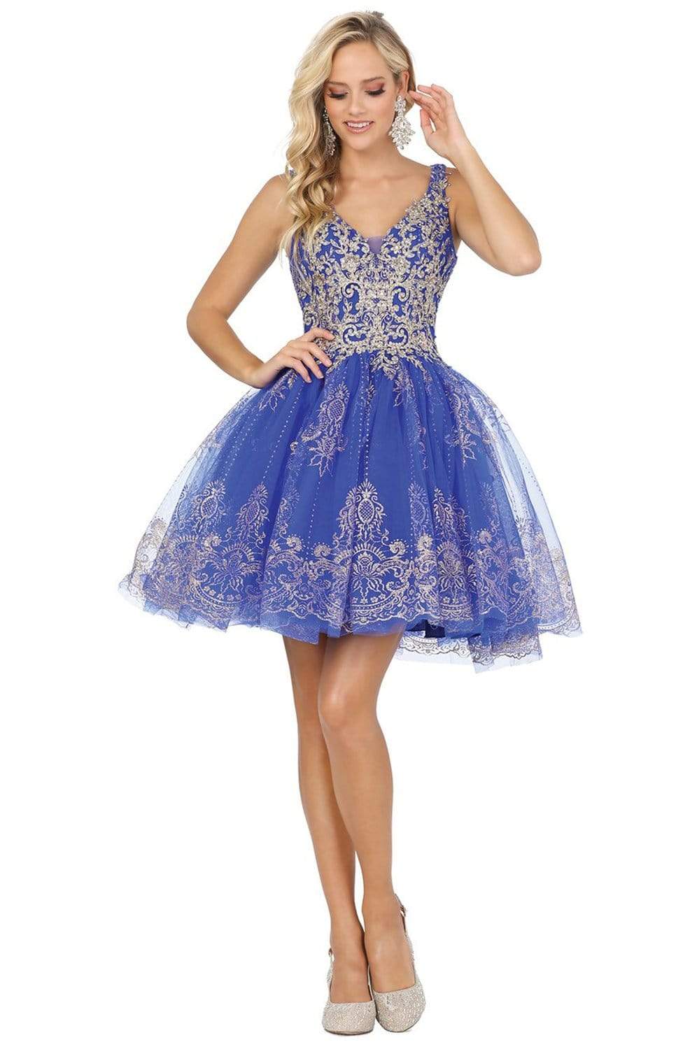 Dancing Queen - 3237 Sleeveless V Neck Lace Applique Cocktail Dress Homecoming Dresses XS / Royal Blue