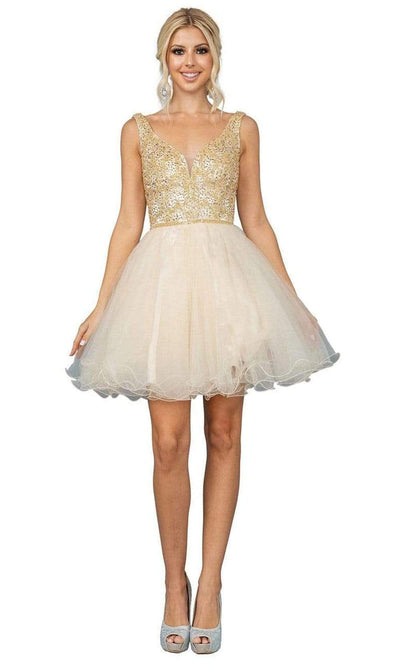 Dancing Queen - 3243 Glitter Embellished Fit and Flare Short Dress Homecoming Dresses XS / Champagne