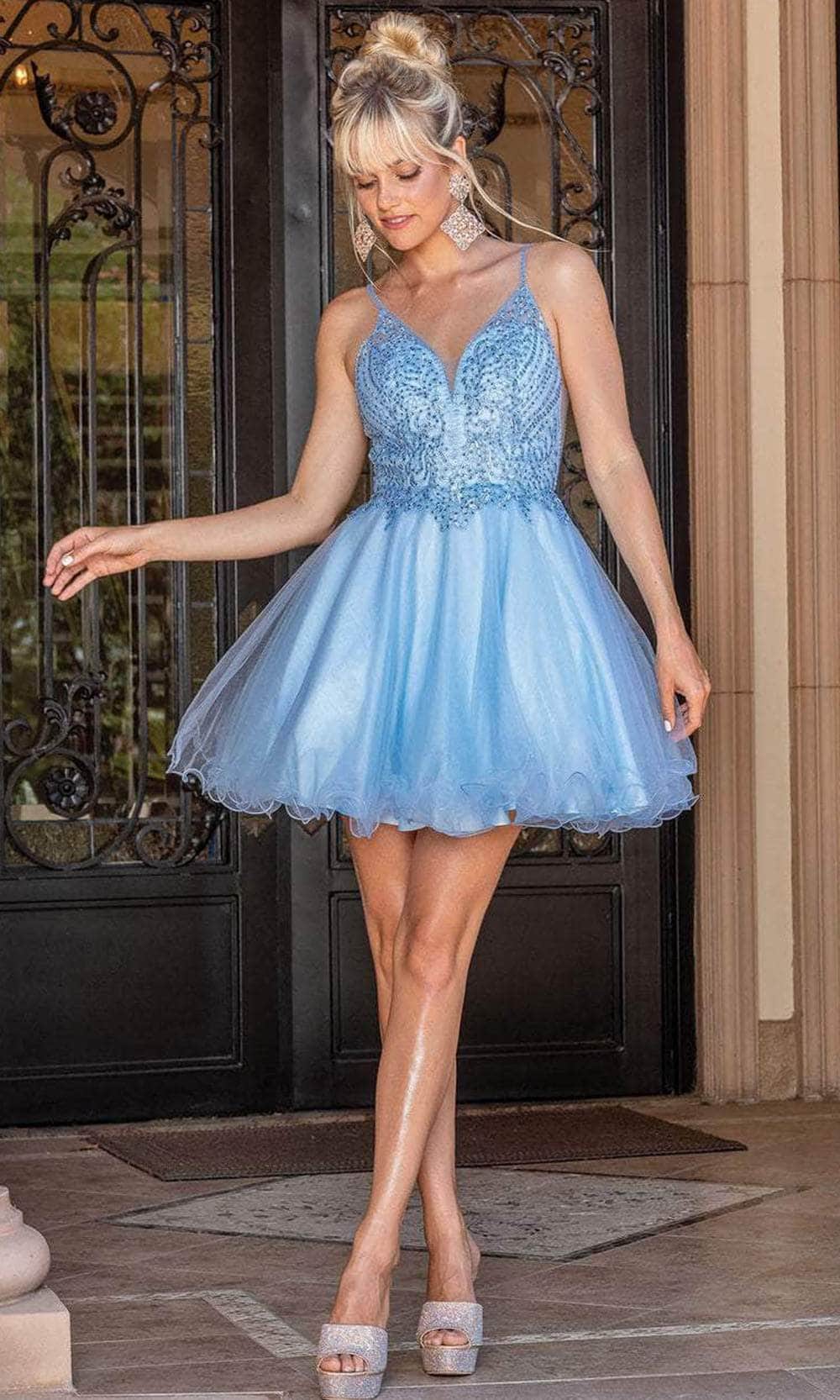 Dancing Queen 3308 - V-Neck Curled A-Line Cocktail Dress Special Occasion Dress XS / Bahama Blue