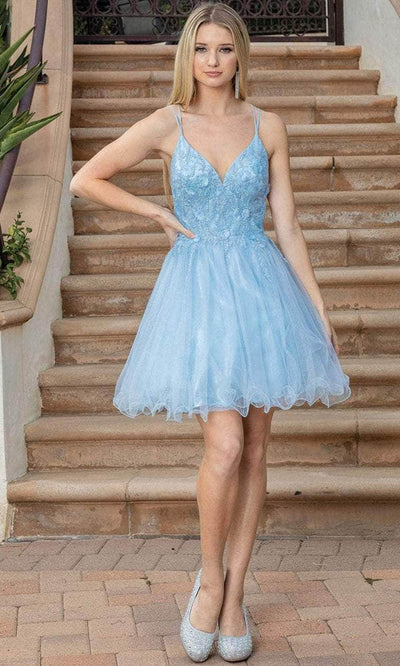Dancing Queen 3316 - Applique V-Neck Tulle Cocktail Dress Special Occasion Dress XS / Bahama Blue