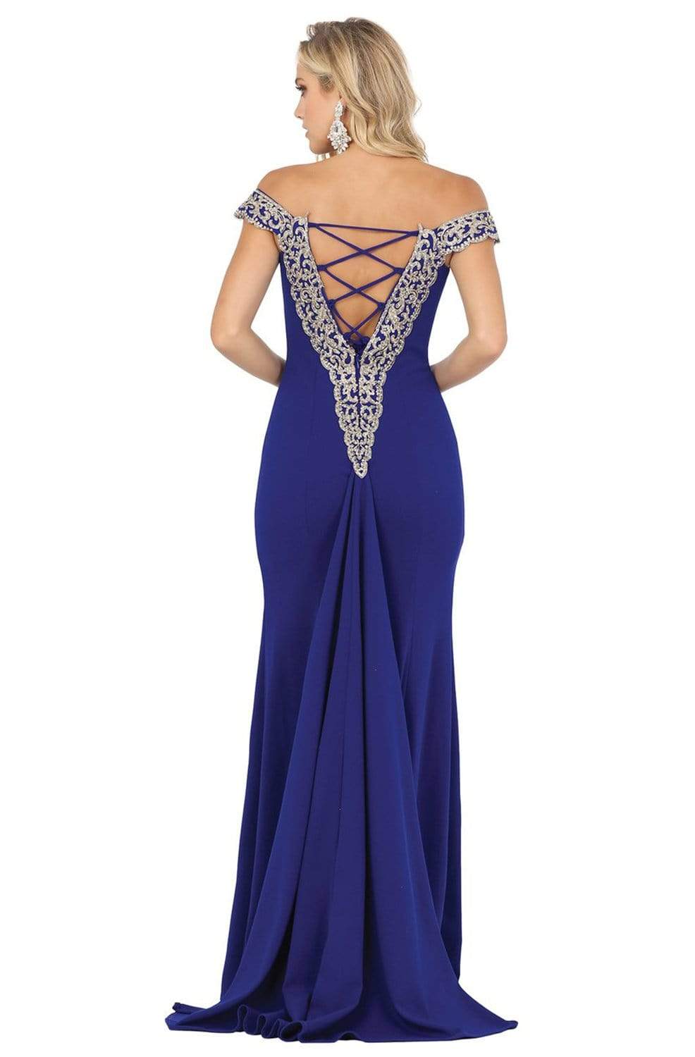 Dancing Queen - 4004 Lace Off Shoulder V Back High Slit Prom Dress Evening Dresses