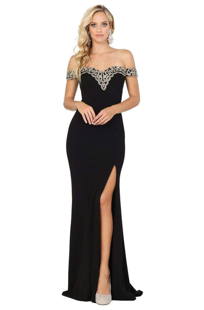 Dancing Queen - 4004 Lace Off Shoulder V Back High Slit Prom Dress Evening Dresses XS / Black