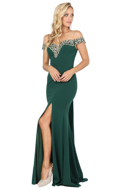 Dancing Queen - 4004 Lace Off Shoulder V Back High Slit Prom Dress Evening Dresses XS / Hunter Green