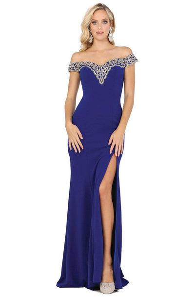 Dancing Queen - 4004 Lace Off Shoulder V Back High Slit Prom Dress Evening Dresses XS / Royal Blue