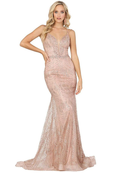 Dancing Queen - 4007 Embellished Deep V-neck Trumpet Dress Prom Dresses XS / Rose Gold