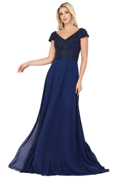 Dancing Queen - 4015 Short Sleeve Beaded Bodice Chiffon Gown Evening Dresses XS / Navy