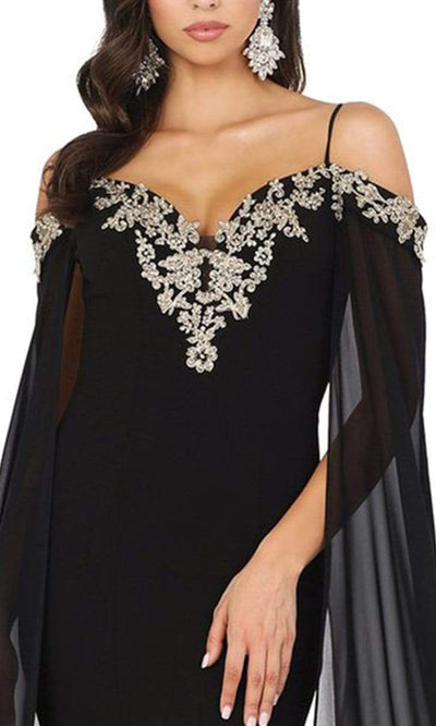 Dancing Queen - Sheer Cascade Sleeve Applique-Ornate Gown 4025SC - 1 pc Black In Size L Available CCSALE L / Black