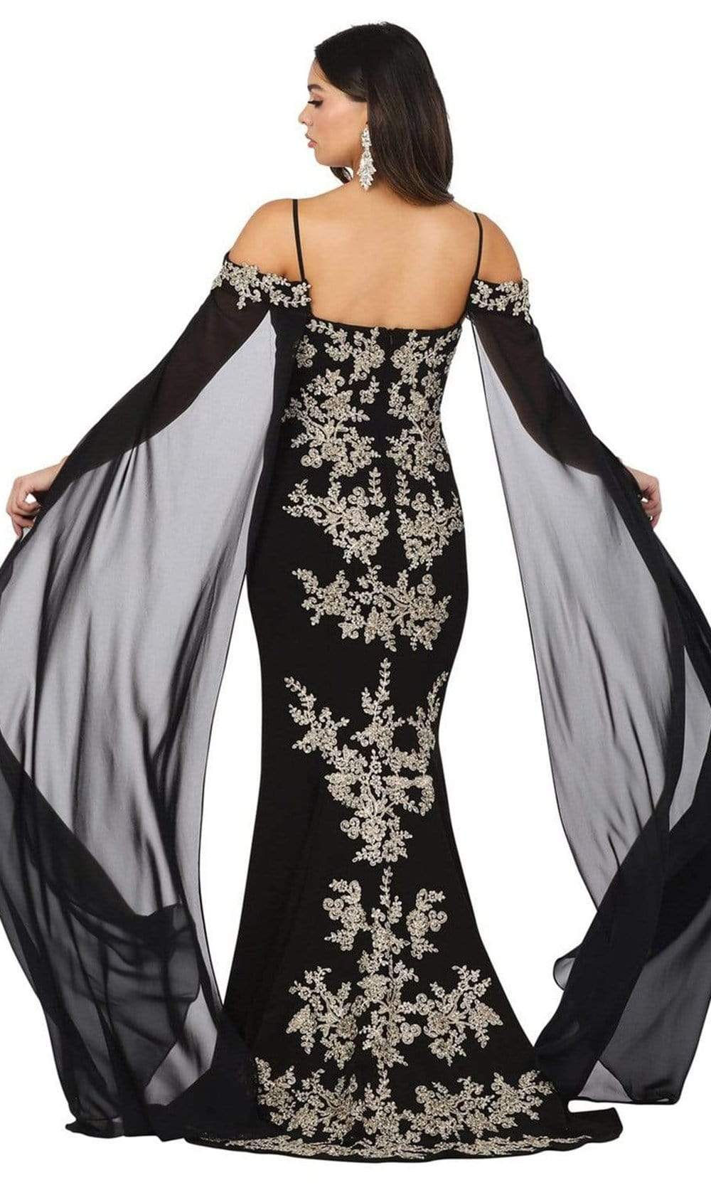 Dancing Queen - 4025 Sheer Cascade Sleeve Applique-Ornate Gown Prom Dresses