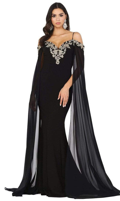 Dancing Queen - 4025 Sheer Cascade Sleeve Applique-Ornate Gown Prom Dresses XS / Black