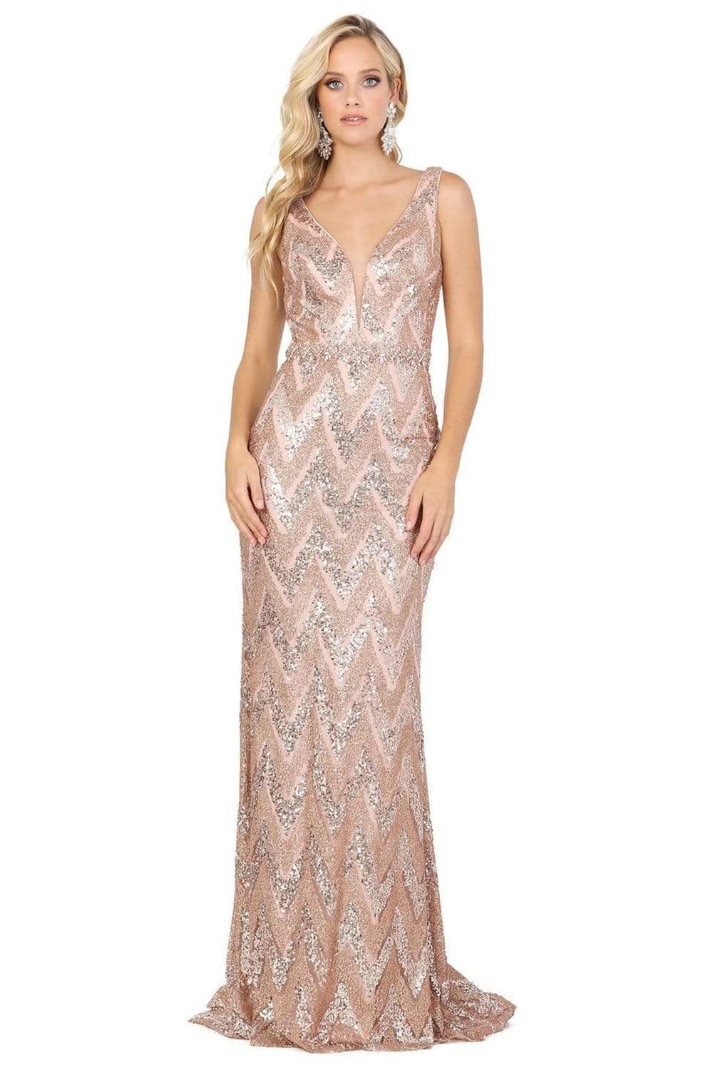 Dancing Queen - 4036 Embellished Plunging V-neck Trumpet Dress Evening Dresses XS / Rose Gold