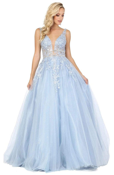 Dancing Queen - 4041 Embroidered Deep V-neck Ballgown Ball Gowns XS / Bahama Blue