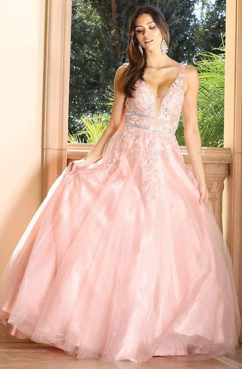 Dancing Queen - 4041 Embroidered Deep V-neck Ballgown Ball Gowns XS / Rose Gold