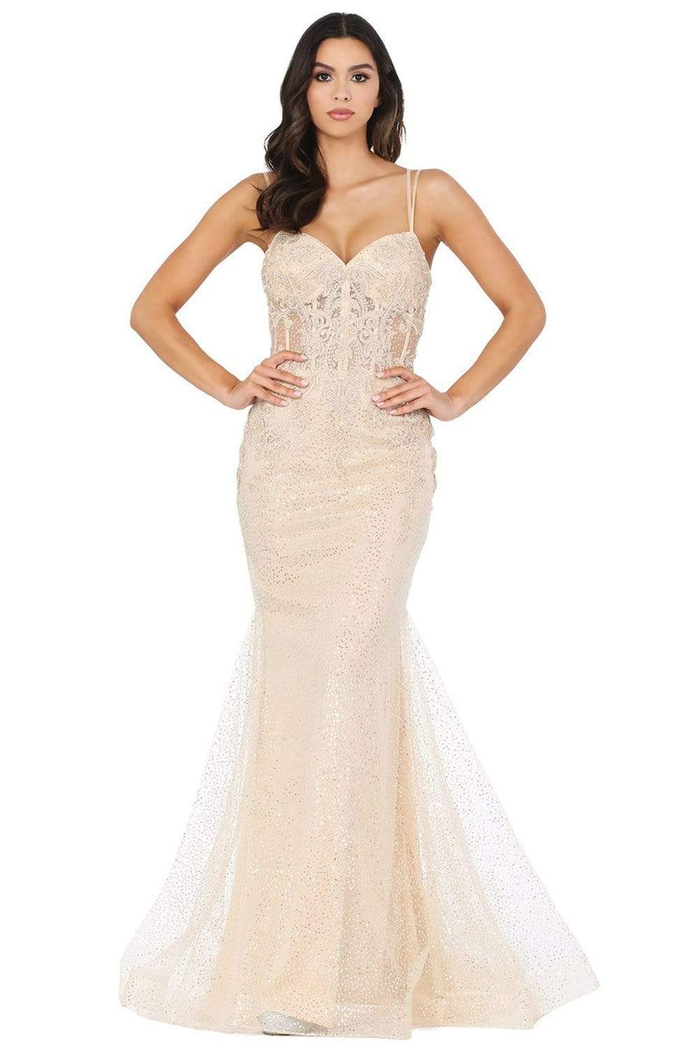 Dancing Queen - 4045 Illusion Corset Jewel-Strewn Mermaid Gown Prom Dresses XS / Champagne